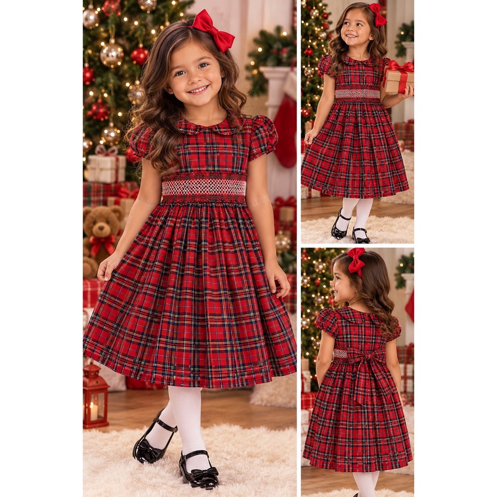 Pastourelle by Pippa & Julie Red Plaid Smocked Holiday Dress 6X Peter Pan Collar